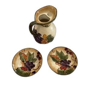 Vintage Certified International Tuscany Pamela Gladding Pitcher and 2 Saucers.